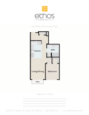 Floor plan for 1 bed, 1 bath, 626 sqft