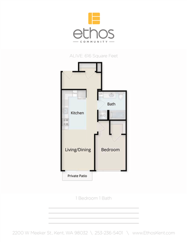 Floor plan for 1 bed, 1 bath, 616 sqft