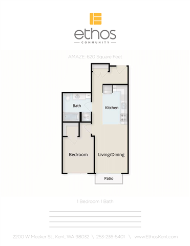 Floor plan for 1 bed, 1 bath, 620 sqft