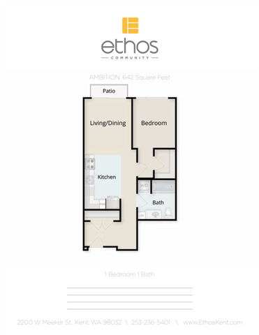 Floor plan for 1 bed, 1 bath, 642 sqft