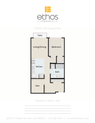 Floor plan for 1 bed, 1 bath, 700 sqft