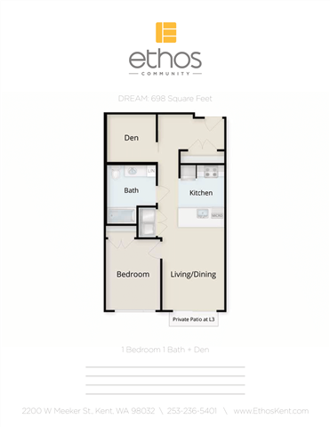 Floor plan for 1 bed, 1 bath, 698 sqft