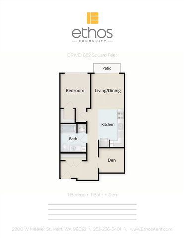 Floor plan for 1 bed, 1 bath, 682 sqft