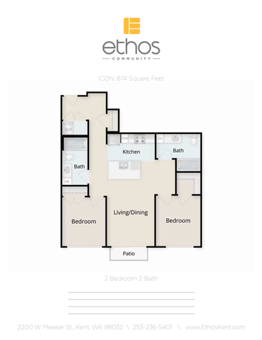 Floor plan for 2 beds, 2 baths, 874 sqft