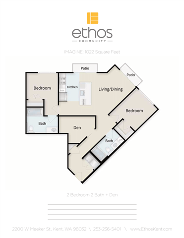 Floor plan for 2 beds, 2 baths, 1022 sqft