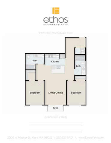 Floor plan for 2 beds, 2 baths, 932 sqft