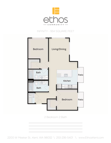Floor plan for 2 beds, 2 baths, 934 sqft