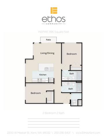 Floor plan for 2 beds, 2 baths, 895 sqft