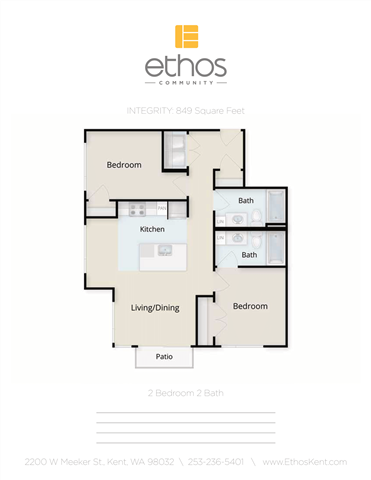 Floor plan for 2 beds, 2 baths, 849 sqft
