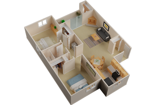 Floor plan for 2 beds, 1 bath, 863 sqft