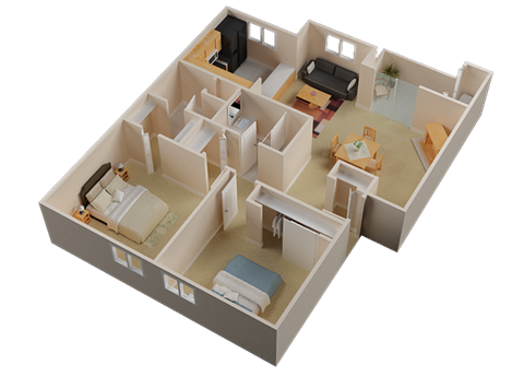 Floor plan for 2 beds, 2 baths, 1000 sqft