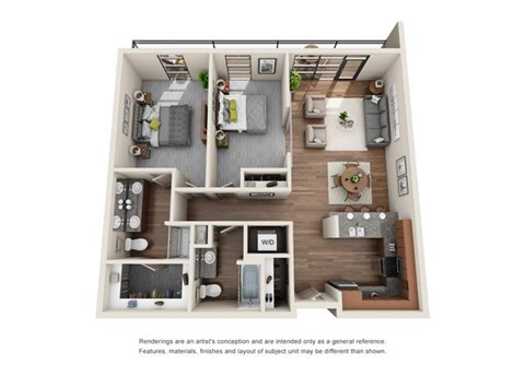 Floor plan for 2 beds, 2 baths, 1057 sqft