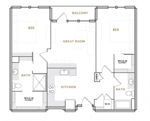 Floor plan for 2 beds, 2 baths, 1145 sqft