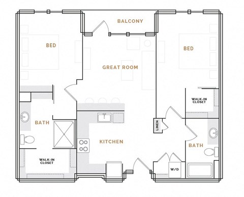Floor plan for 2 beds, 2 baths, 1138 sqft