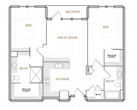 Floor plan for 2 beds, 2 baths, 1138 sqft