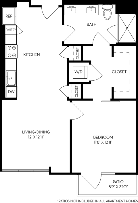 Floor plan for 1 bed, 1 bath, 826 sqft