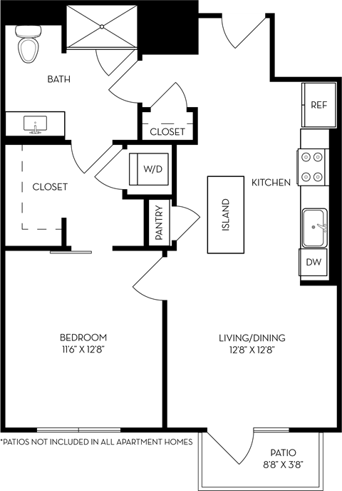 Floor plan for 1 bed, 1 bath, 740 sqft