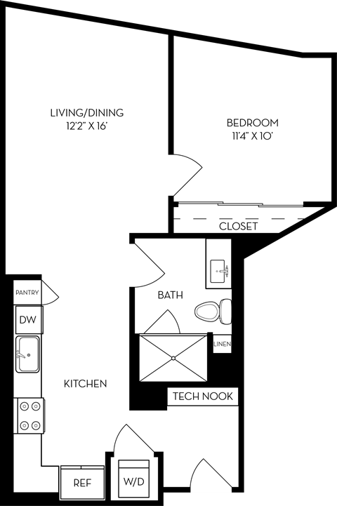 Floor plan for 1 bed, 1 bath, 742 sqft