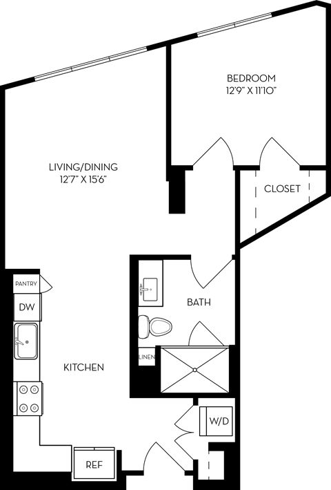 Floor plan for 1 bed, 1 bath, 818 sqft