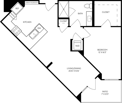 Floor plan for 1 bed, 1 bath, 814 sqft
