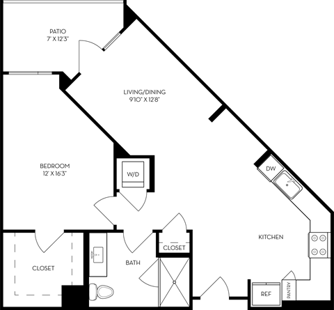 Floor plan for 1 bed, 1 bath, 806 sqft