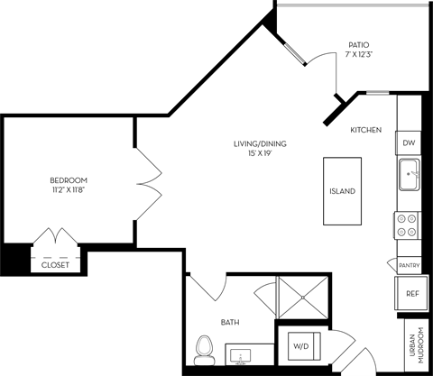 Floor plan for 1 bed, 1 bath, 751 sqft