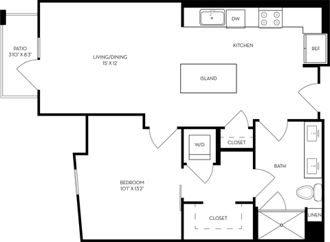 Floor plan for 1 bed, 1 bath, 793 sqft
