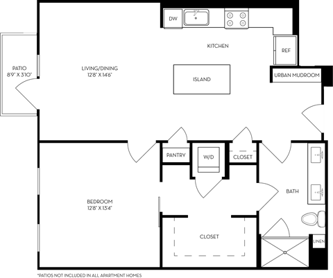 Floor plan for 1 bed, 1 bath, 903 sqft