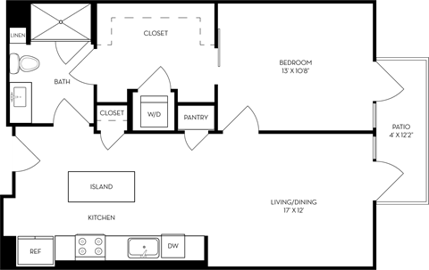Floor plan for 1 bed, 1 bath, 764 sqft
