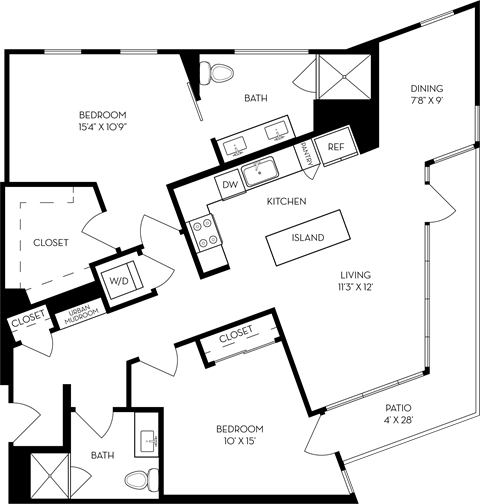 Floor plan for 2 beds, 2 baths, 1223 sqft
