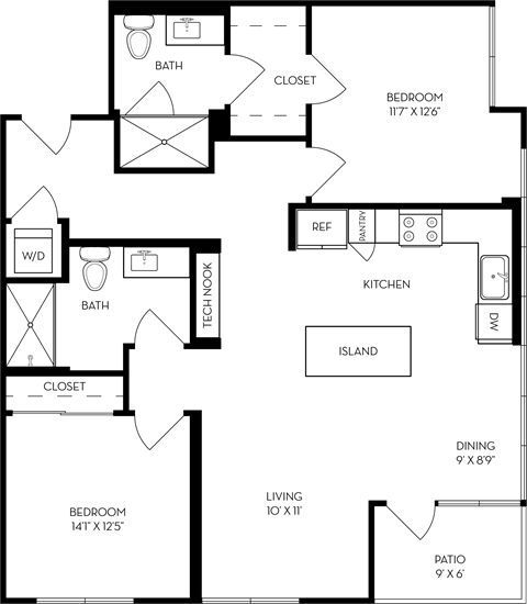 Floor plan for 2 beds, 2 baths, 1084 sqft