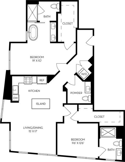 Floor plan for 2 beds, 2.5 baths, 1341 sqft