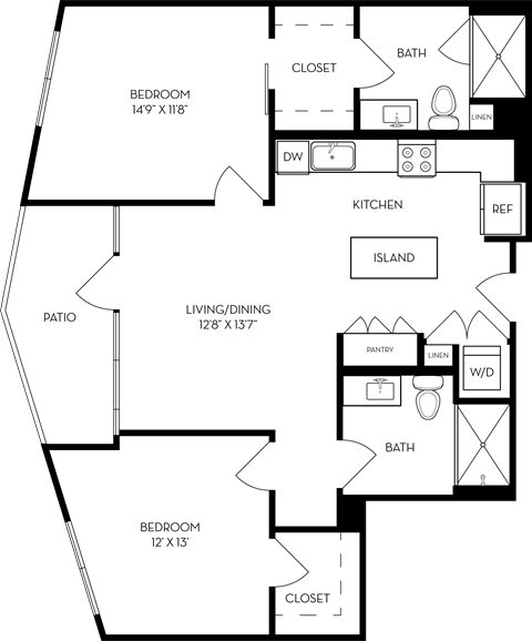 Floor plan for 2 beds, 2 baths, 1045 sqft