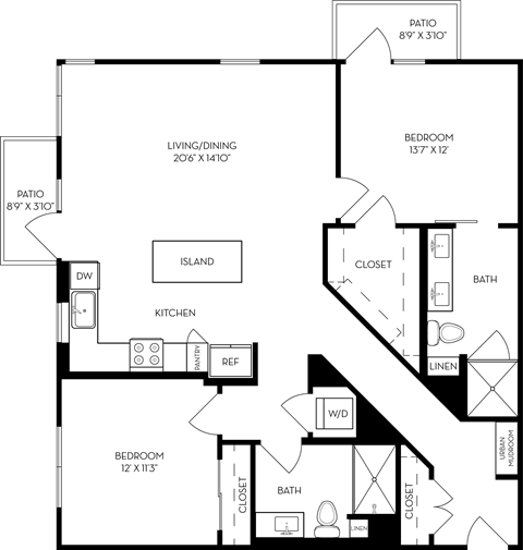 Floor plan for 2 beds, 2 baths, 1236 sqft