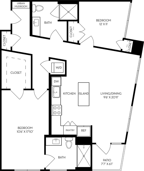 Floor plan for 2 beds, 2 baths, 1124 sqft