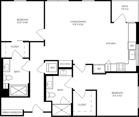 Floor plan for 2 beds, 2 baths, 1173 sqft