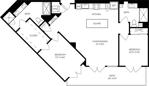 Floor plan for 2 beds, 2 baths, 1245 sqft