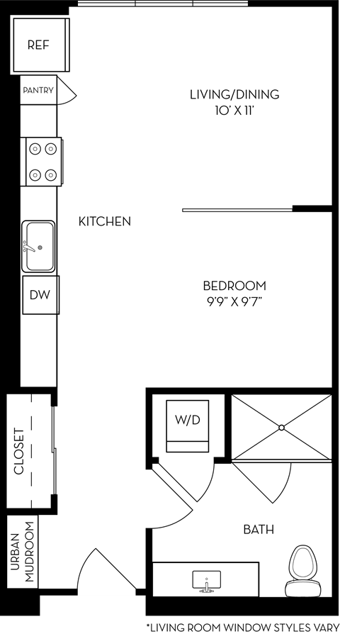Floor plan for studio, 1 bath, 565 sqft