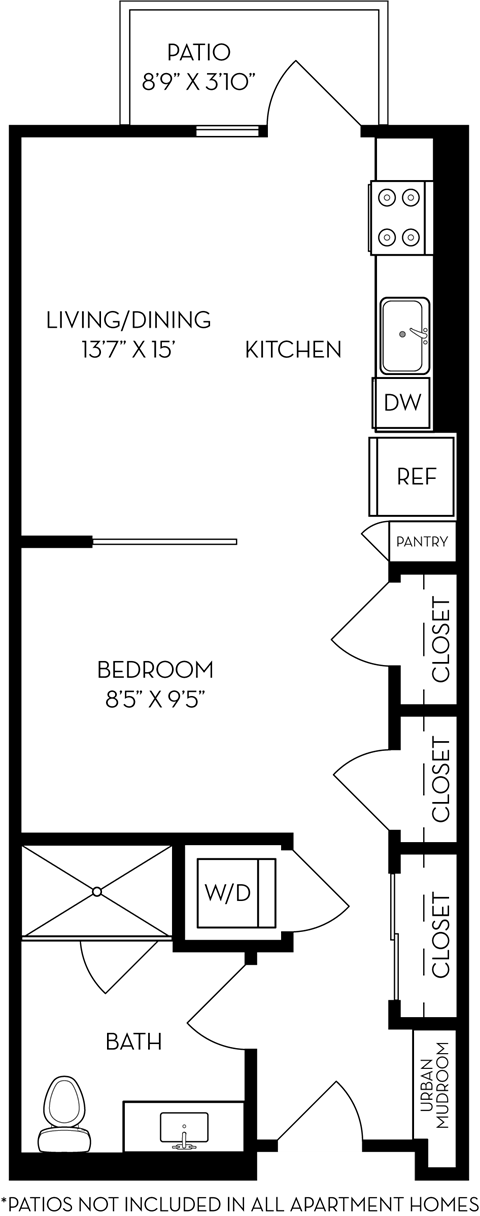 Floor plan for studio, 1 bath, 603 sqft