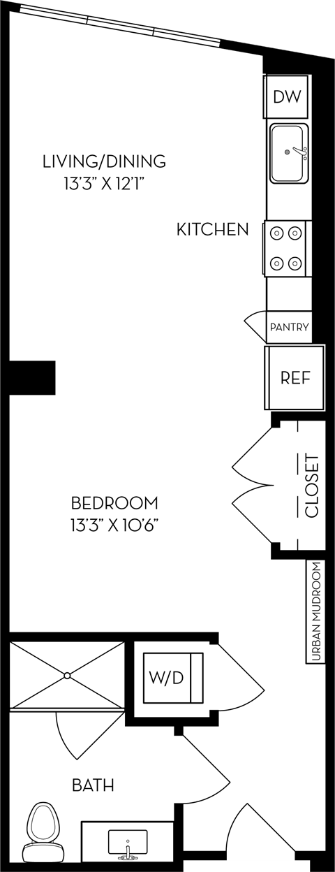 Floor plan for studio, 1 bath, 564 sqft