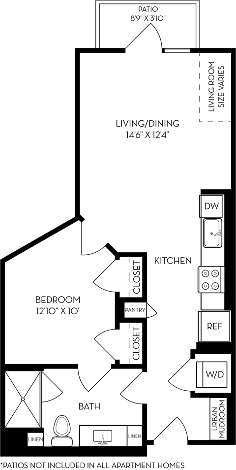 Floor plan for 1 bed, 1 bath, 689 sqft