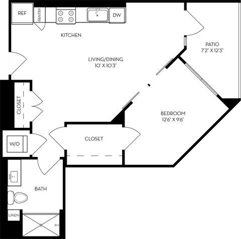 Floor plan for studio, 1 bath, 678 sqft