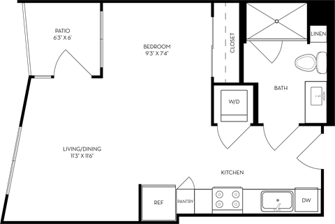 Floor plan for studio, 1 bath, 527 sqft