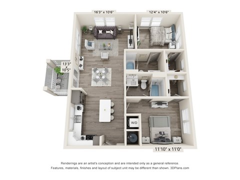 Floor plan for 2 beds, 2 baths, 1079 sqft