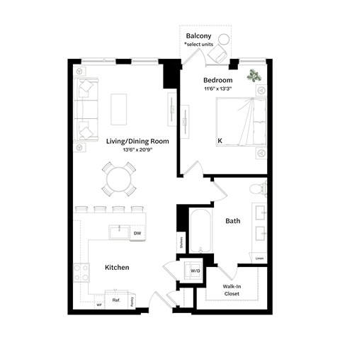 Floor plan for 1 bed, 1 bath, 834 sqft
