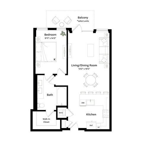 Floor plan for 1 bed, 1 bath, 833 sqft