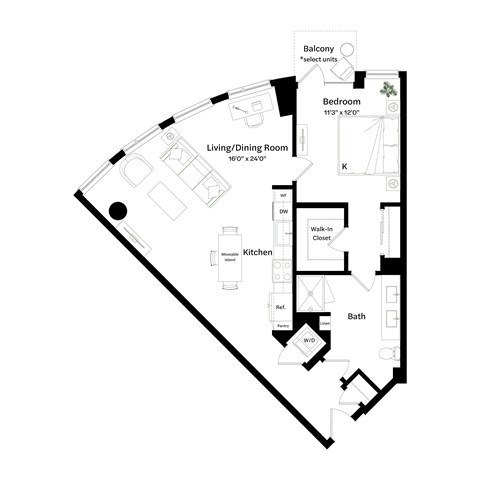 Floor plan for 1 bed, 1 bath, 869 sqft