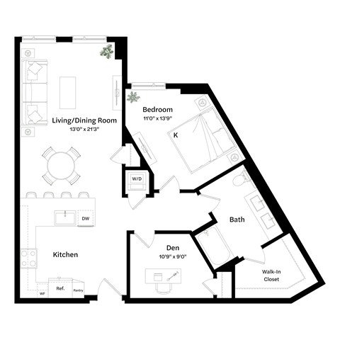 Floor plan for 1 bed, 1 bath, 954 sqft