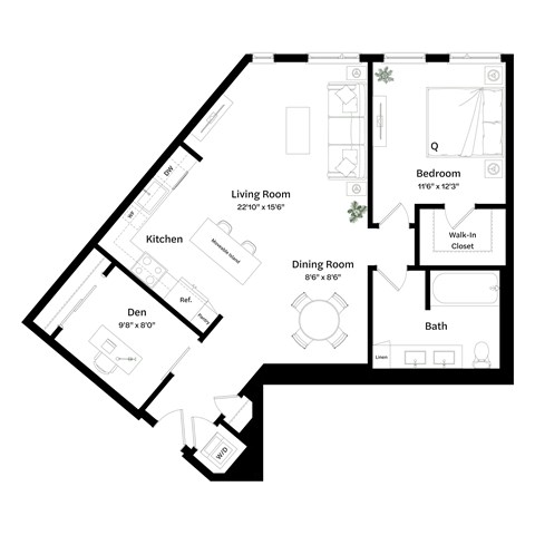 Floor plan for 1 bed, 1 bath, 999 sqft