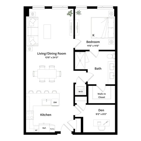 Floor plan for 1 bed, 1 bath, 951 sqft